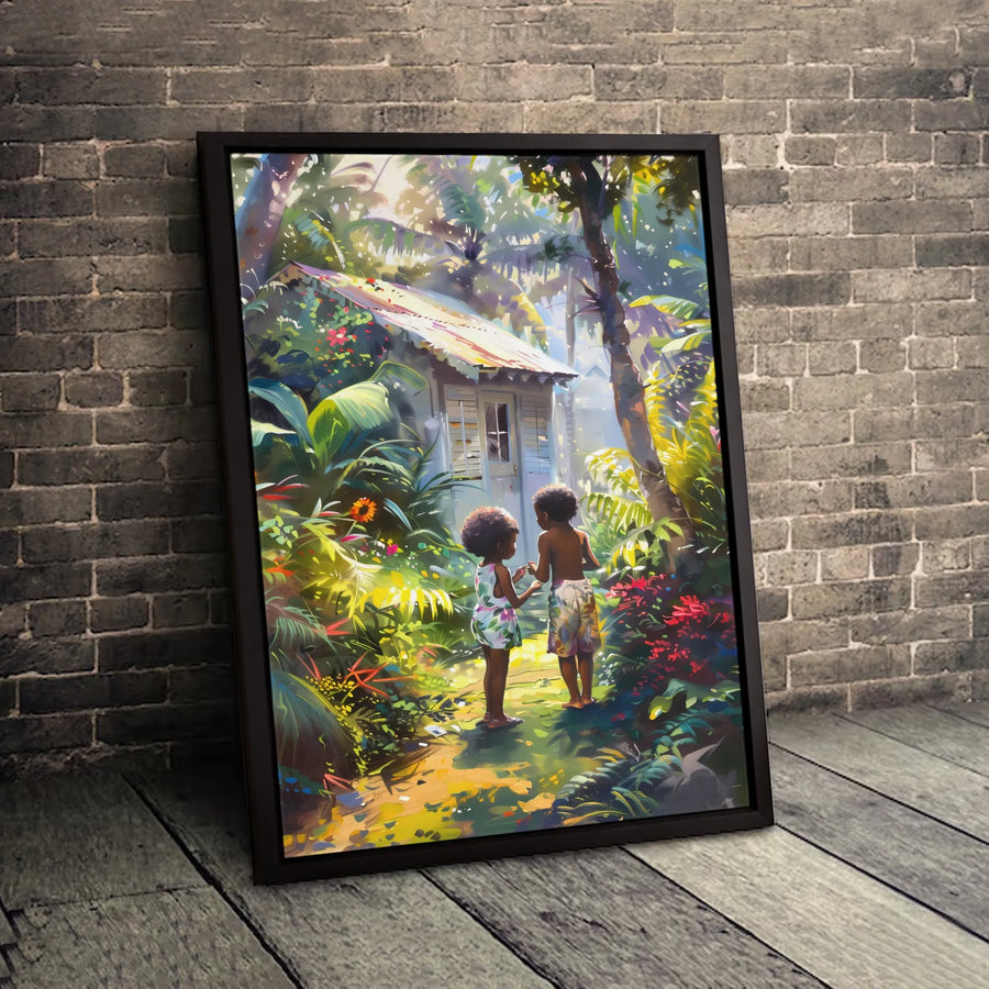 Black Children Canvas Wall Art | Tropical Jungle Garden Painting | Premium Gallery Wrap Print | Whimsical Nursery Decor & Meaningful Gift