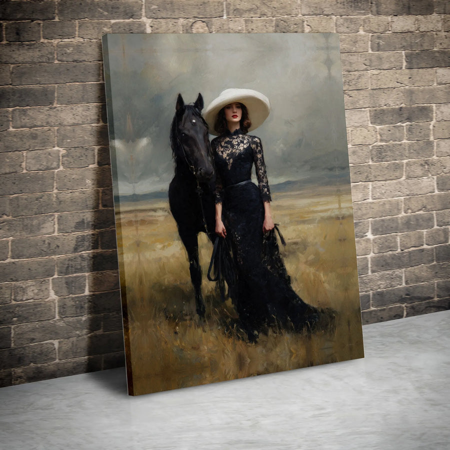 Woman with Black Horse Canvas Art | Moody Oil Painting Style Print | Premium Gallery Wrapped Wall Decor | Dark Academia Equestrian Gift
