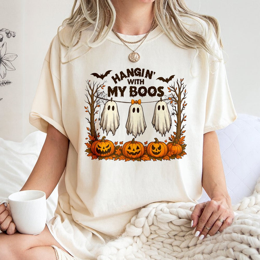 Hangin With My Boos T-Shirt | Funny Ghost And Pumpkin Graphic | Premium 100% Cotton | Cute Halloween Gift For Women And Men