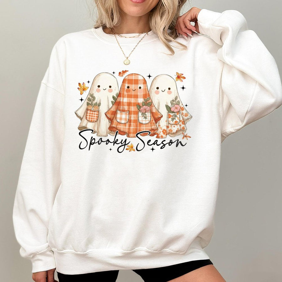 Spooky Season Ghost Sweatshirt | Cute Floral Autumn Patchwork Design | Premium Cotton Blend | Aesthetic Halloween Fall Apparel Gift for Women