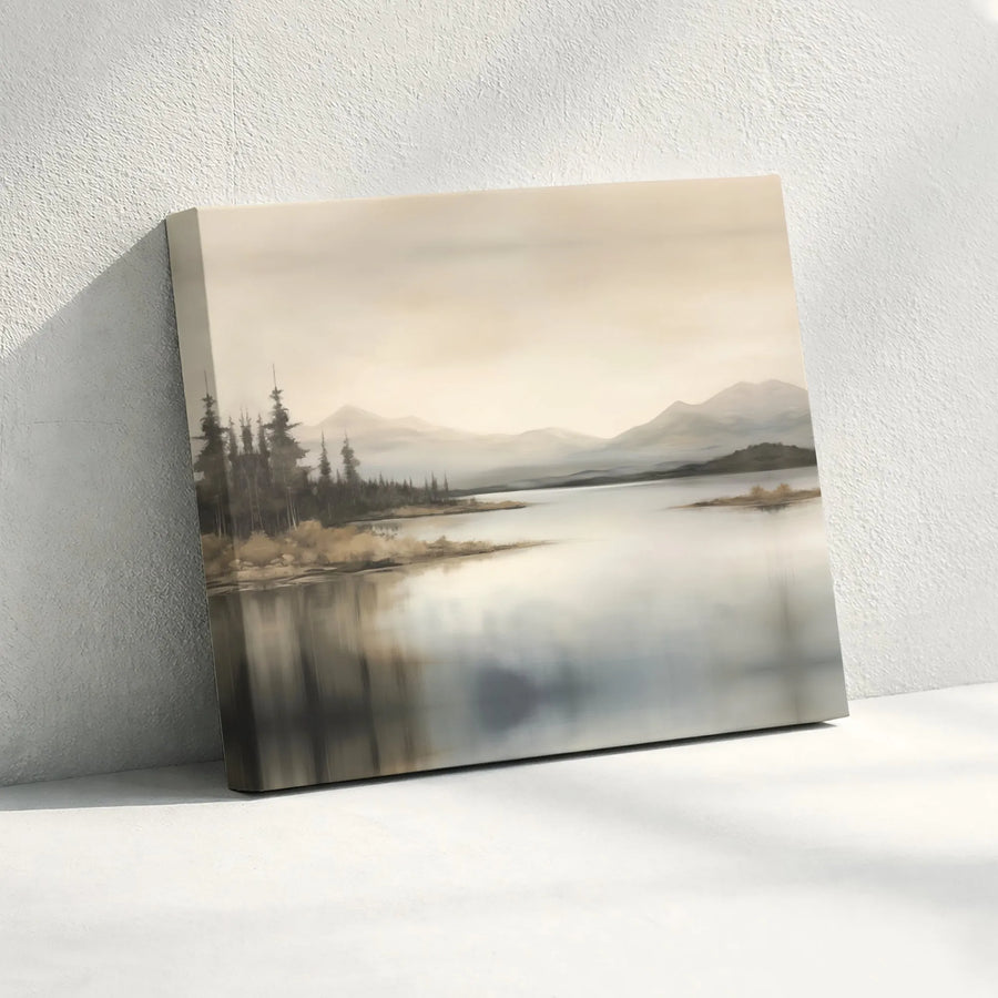Misty Lake Landscape Canvas Wall Art | Neutral Mountain Scenery Print | Gallery-Quality Framed Canvas | Modern Minimalist Home Decor