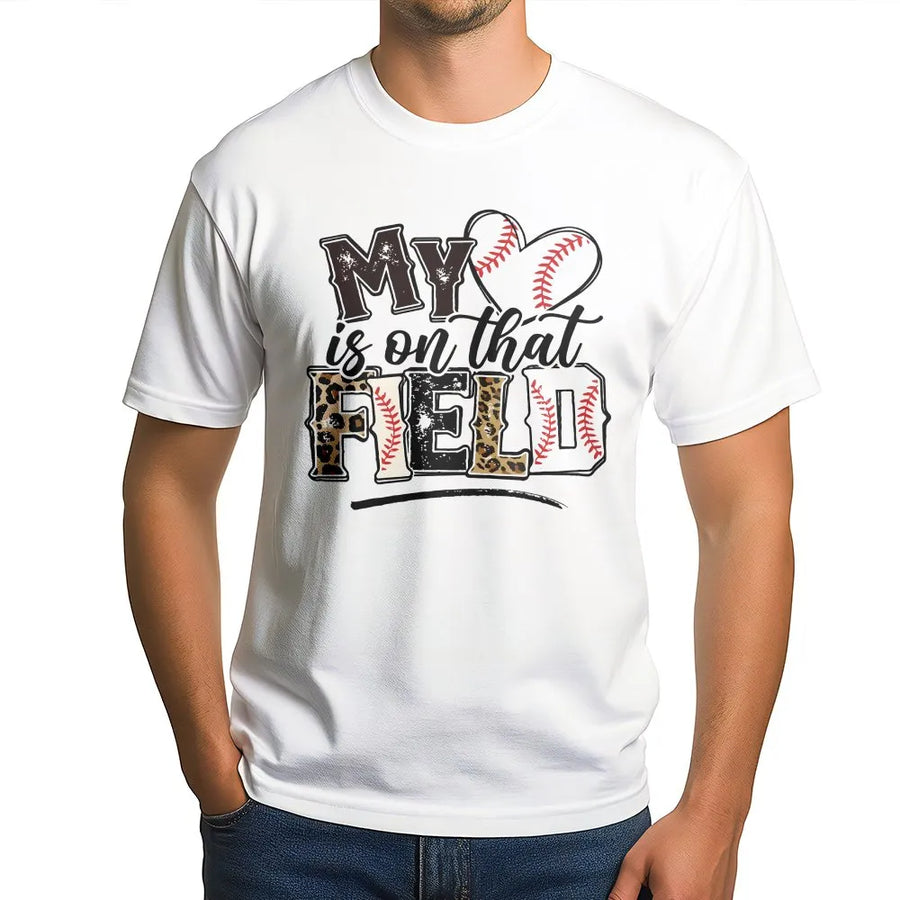 Baseball Mom T-Shirt | My Heart Is On That Field Leopard Print Graphic | Soft Cotton-Poly Blend | Mother's Day Gift for Baseball Mama
