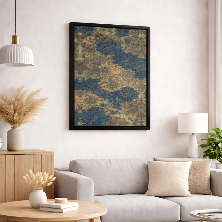 Vintage Floral Canvas Wall Art | Blue and Gold Botanical Print | 1.25 Inch Premium Gallery Wrap | Elegant Home Office Decor