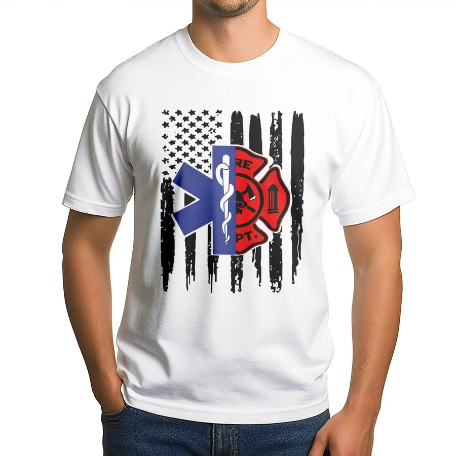 Firefighter EMT T-Shirt | American Flag Maltese Cross & Star of Life | 100% Cotton Premium Tee | First Responder Hero Support Gift