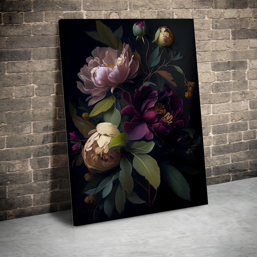 Moody Dark Floral Canvas Wall Art | Peony Bouquet Botanical Print | 1.25 Inch Gallery Wrap | Premium Home Decor Gift