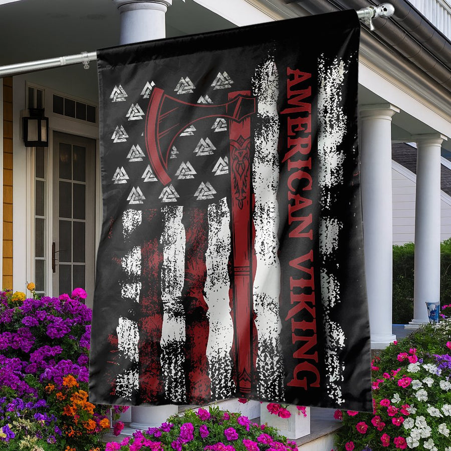 American Viking Garden Flag | Norse Valhalla Axe Symbol | Weather-Resistant Polyester | Patriotic Gift for Warriors