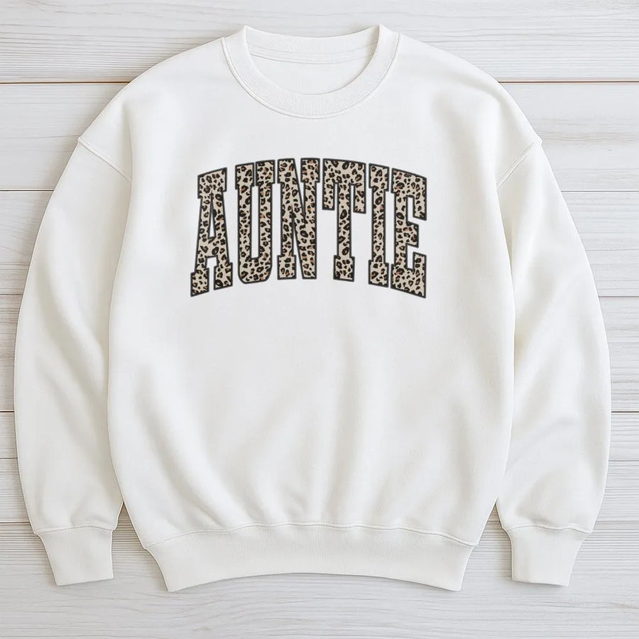 Auntie Sweatshirt | Retro Leopard Print Varsity Lettering | Premium Cotton Blend | Best Aunt Gift Idea