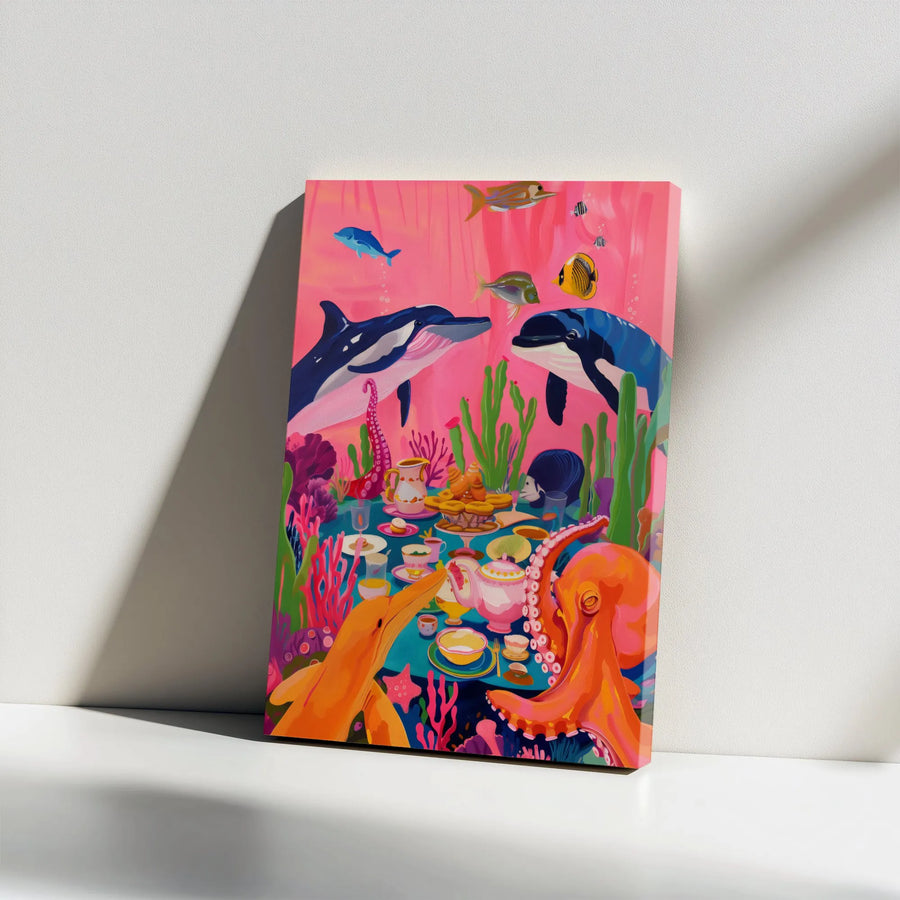 Whimsical Ocean Tea Party Canvas Art | Surreal Dolphin and Octopus Illustration | Premium 1.25-inch Gallery Wrap | Colorful Home Wall Decor Gift