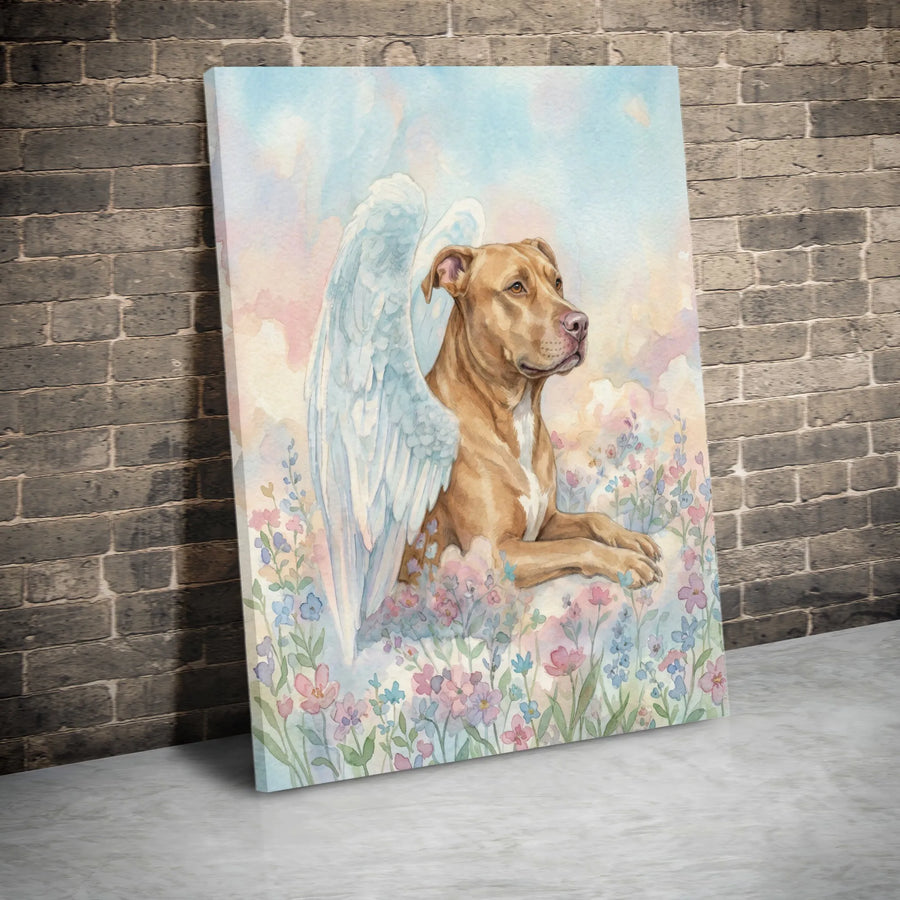 Pitbull Angel Memorial Canvas Wall Art | Watercolor Rainbow Bridge Painting | Premium Gallery Wrapped Canvas | Sympathy Gift for Dog Owner