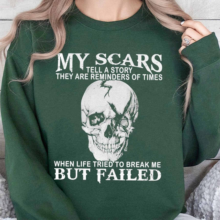 My Scars Tell A Story Sweatshirt | Cracked Skull Graphic Design | Premium Cotton Blend | Inspirational Grunge Style Unisex Pullover Gift