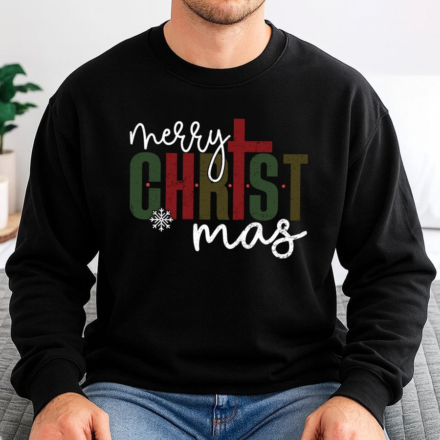 Religious Christmas Sweatshirt | Christian Cross Merry Christ-Mas Graphic | Premium Cotton Blend Crewneck | Faith-Based Holiday Gift for Women Men