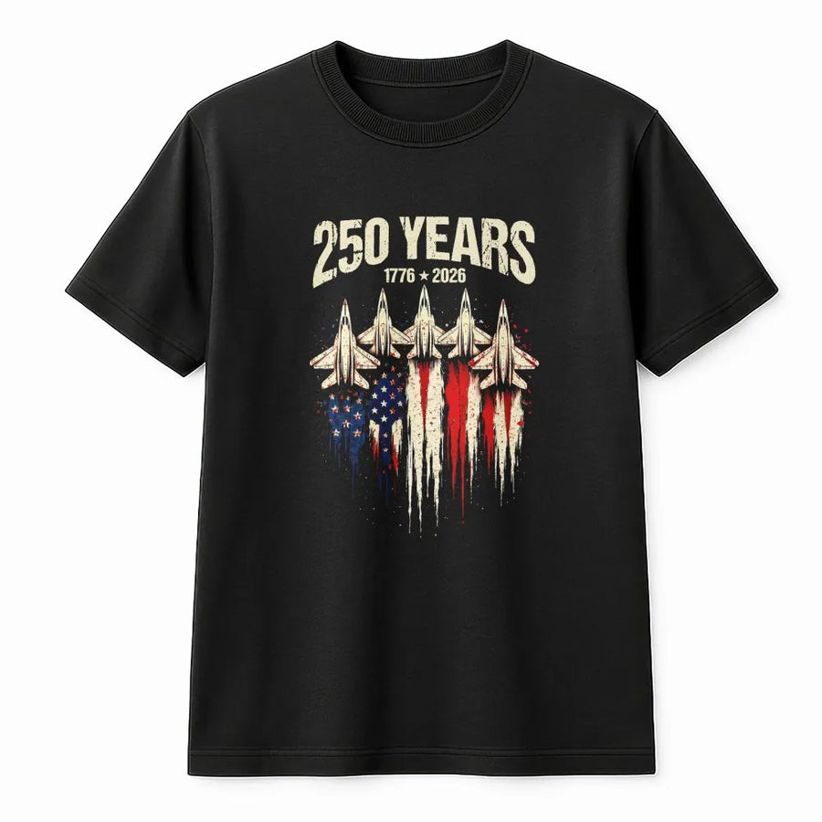 America 250 Years T-Shirt | Vintage Fighter Jet American Flag Graphic | Premium Cotton | Collector's 4th of July Gift for Patriots