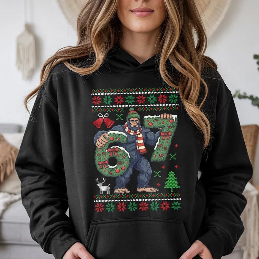 Bigfoot Christmas Hoodie | Funny Sasquatch 67 Birthday Sweater | Premium Cotton Blend | Unisex Ugly Xmas Sweatshirt Gift for Bigfoot Lovers