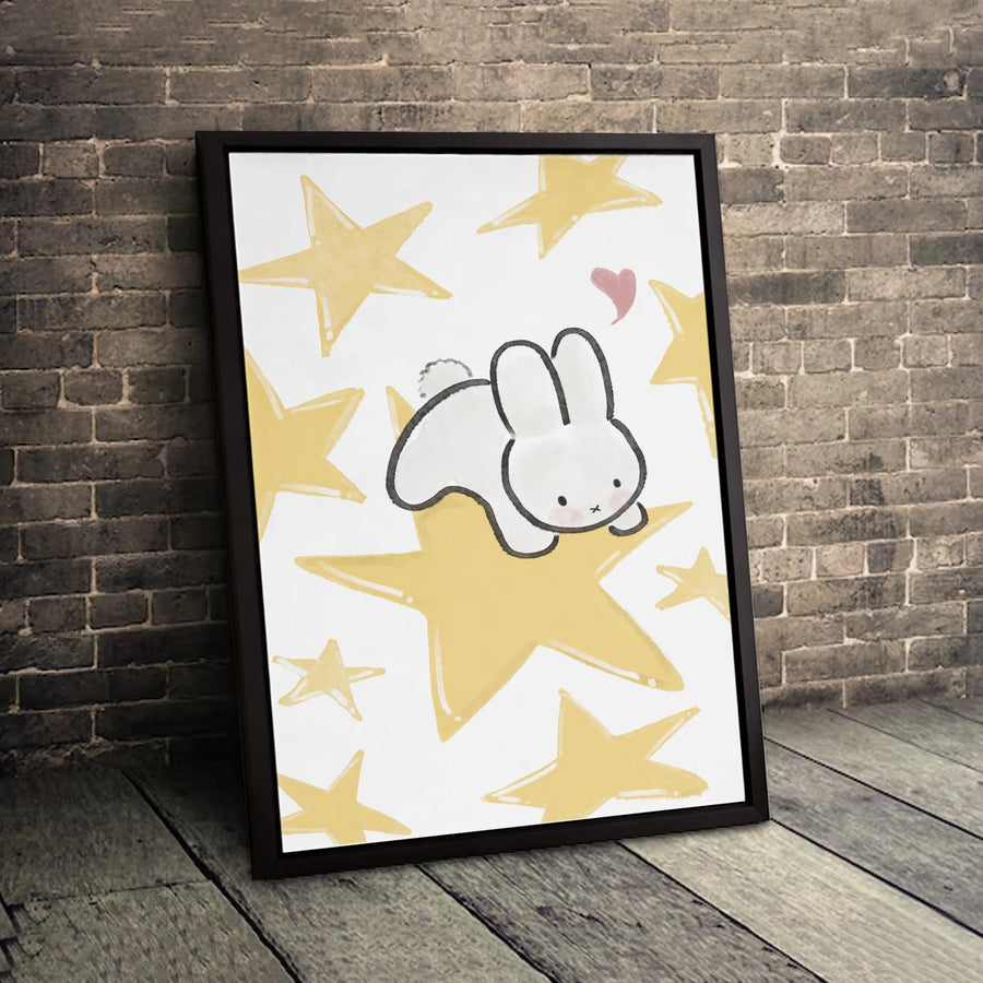 Cute Bunny Canvas Art | Whimsical Rabbit on Yellow Star Wall Decor | Premium Fade-Resistant Gallery Wrap | Nursery & Kids Room Gift Idea