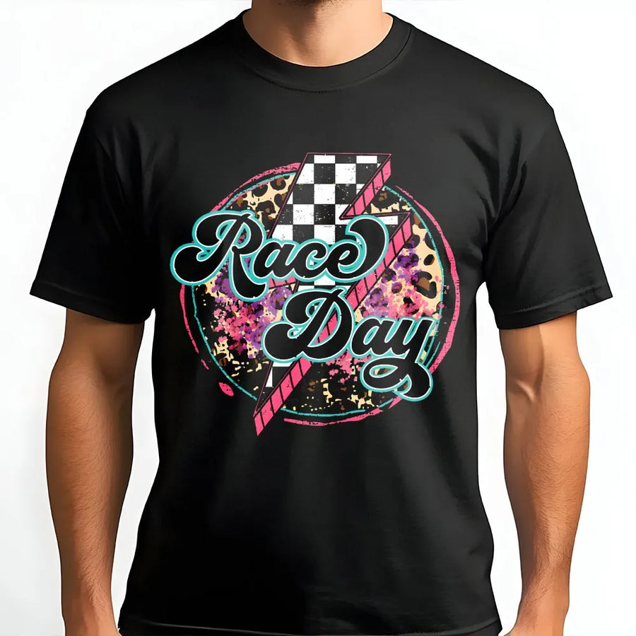 Race Day T-Shirt | Retro Leopard Print & Checkered Lightning Graphic | Soft 100% Cotton Tee | Motorsport Fan Gift for Women