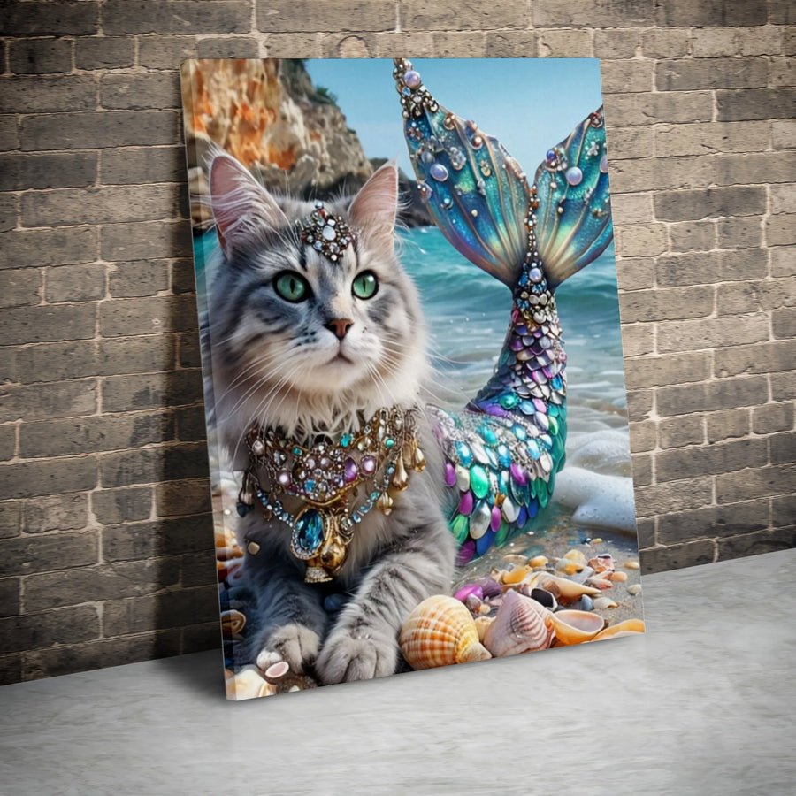 Mermaid Cat Canvas Wall Art | Whimsical Purrmaid Beach Scene Print | Premium Gallery Wrapped Canvas | Unique Gift for Cat Lovers & Fantasy Art Collectors