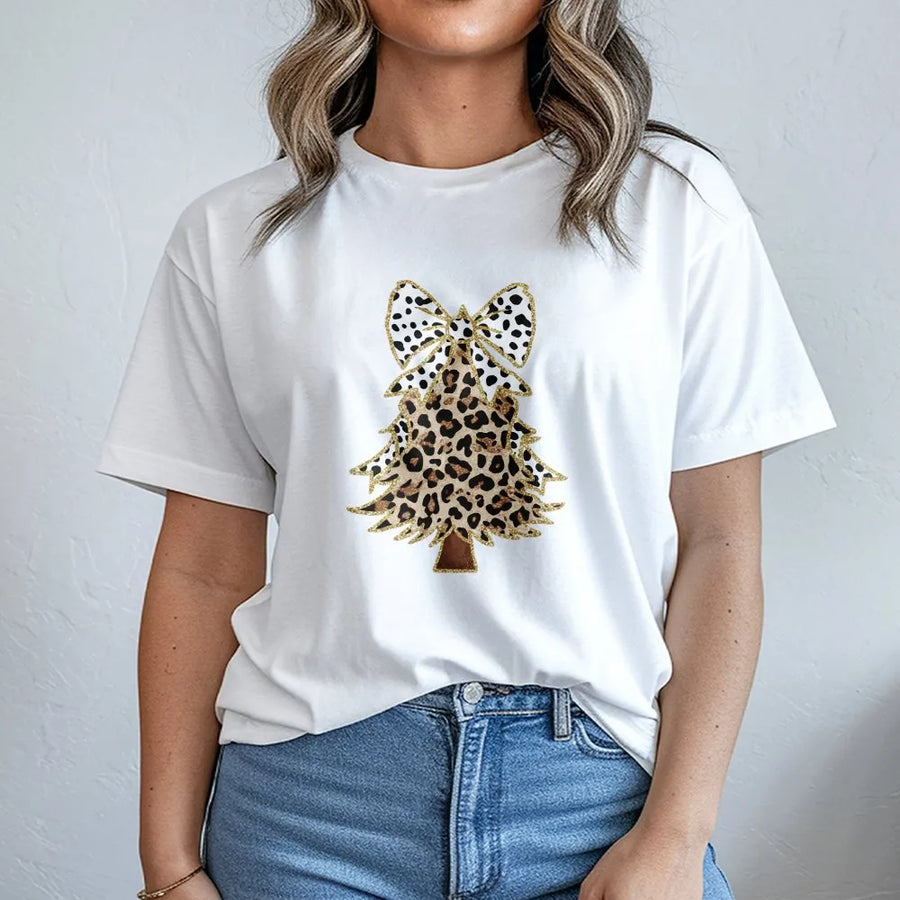 Leopard Print Christmas Tree T-Shirt | Glitzy Bow Holiday Graphic Tee | Premium Soft Cotton | Stylish Women's Christmas Party Gift