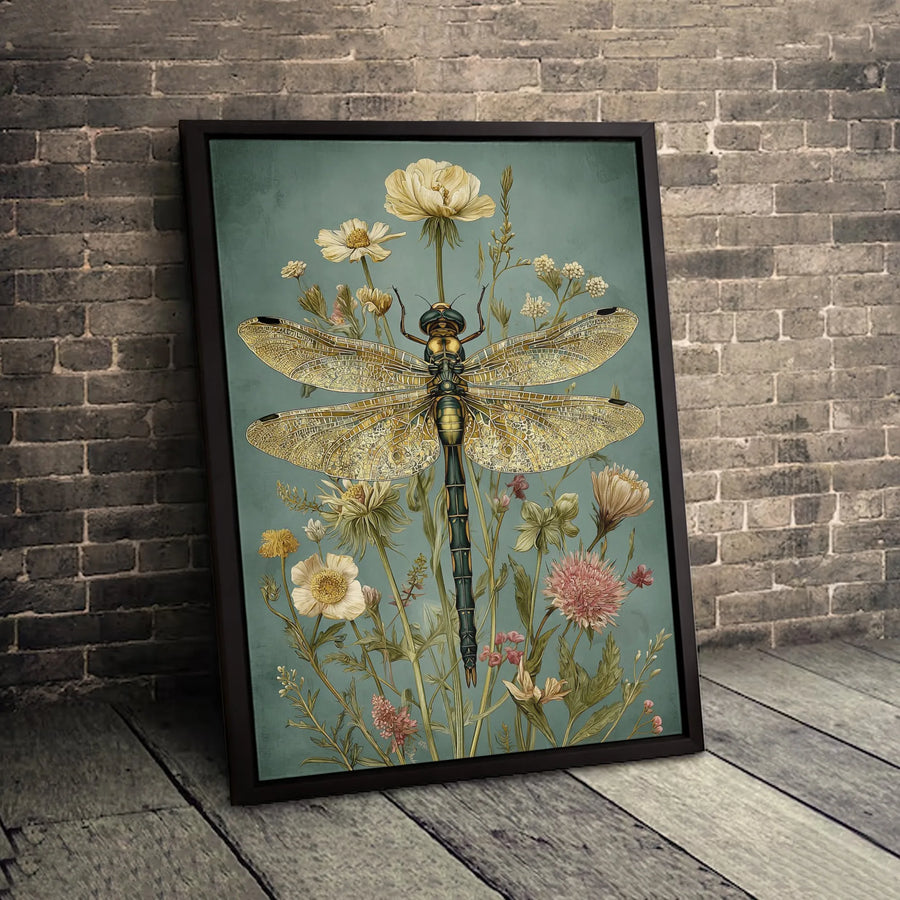 Golden Dragonfly Canvas Wall Art | Botanical Wildflower Print | Premium Gallery Wrapped Decor | Nature Lover Home Office Gift