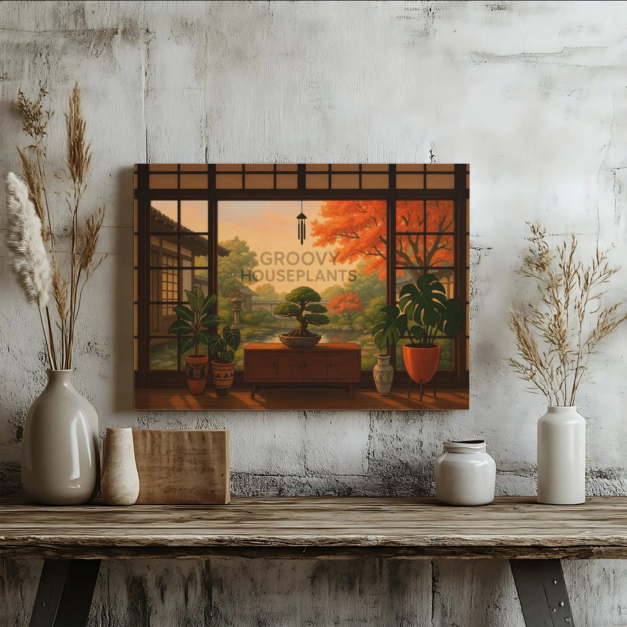 Japanese Garden Canvas Wall Art | Bonsai and Monstera Plant View | Premium Gallery Wrap Decor | Zen Interior Gift for Nature Lovers