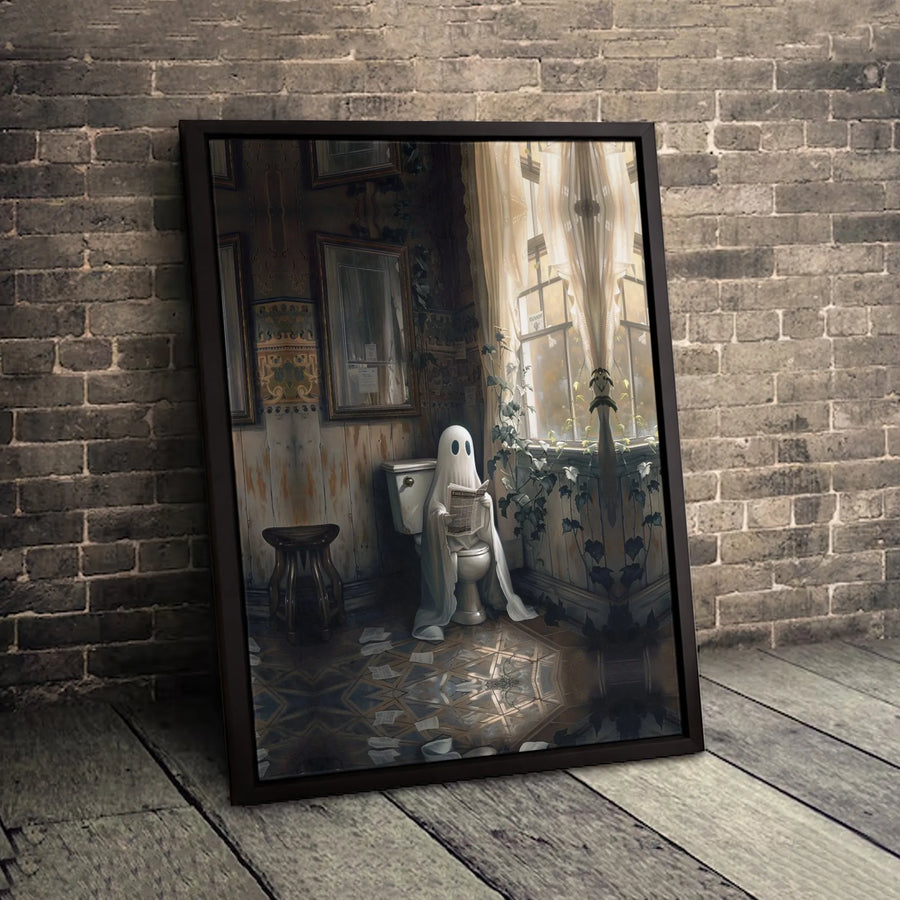 Ghost Reading Newspaper on Toilet Canvas Art | Whimsical Bathroom Wall Decor | Premium Gallery Wrap Print | Funny Halloween Home Gift