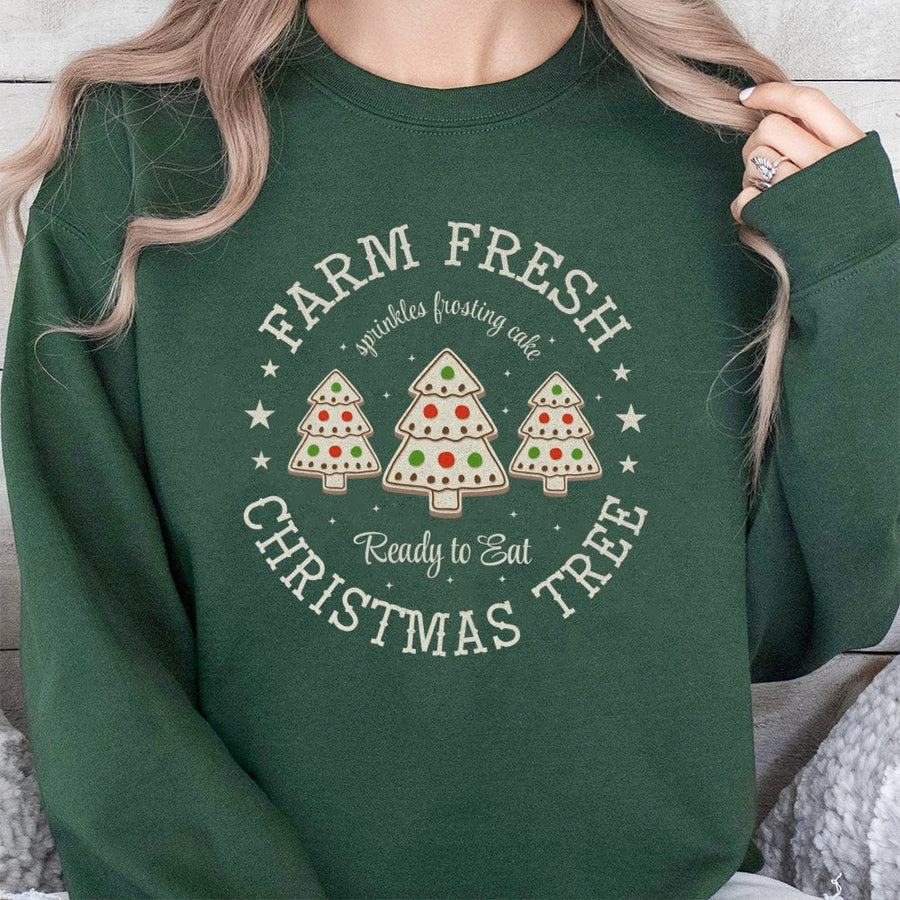 Farm Fresh Christmas Tree Sweatshirt | Cute Holiday Cookie Graphic Design | Premium Cotton Blend | Funny Xmas Bakery Gift for Women and Men