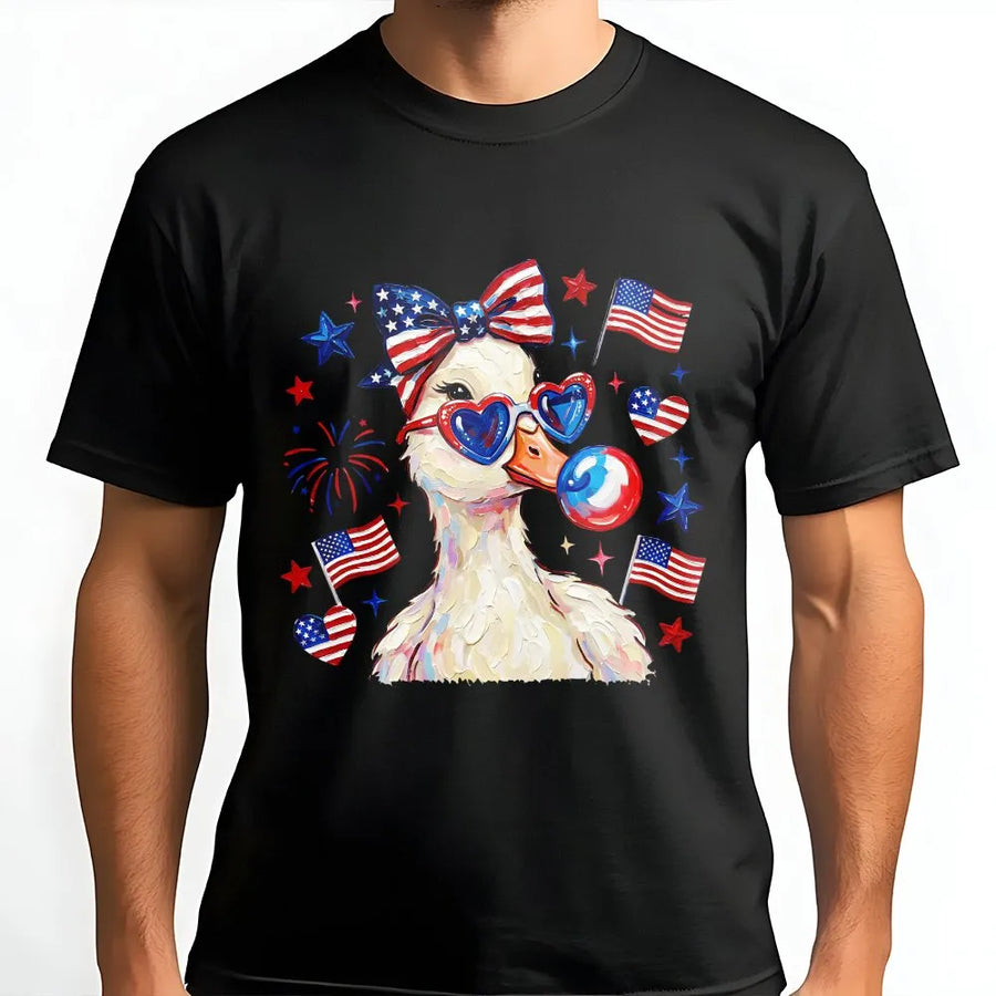 Patriotic Duck T-Shirt | Cute Coquette Americana Graphic | Soft Cotton Blend | 4th of July Party Gift for Her