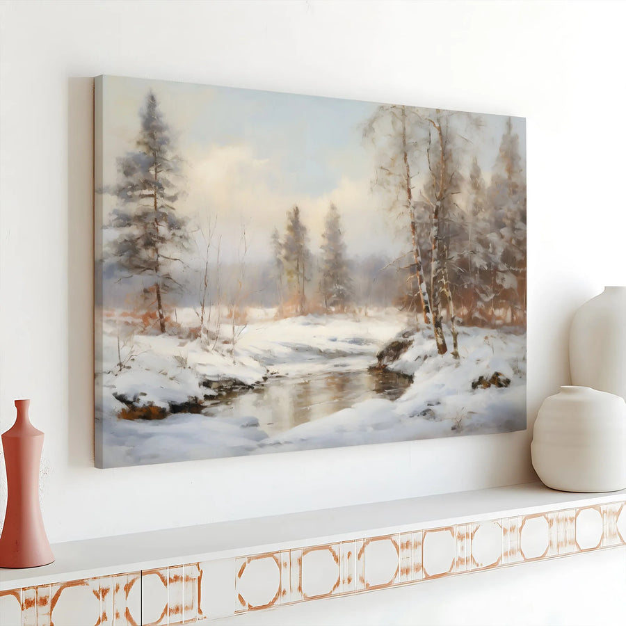 Winter Forest Canvas Print | Serene Snowy Creek Landscape | Gallery Wrapped Premium Wall Art | Peaceful Nature Decor for Home and Office