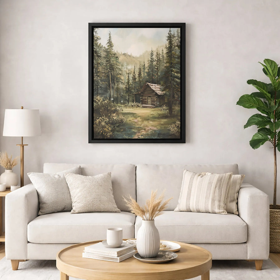 Rustic Log Cabin Wall Art | Pine Forest Landscape Painting | Premium Gallery Wrapped Canvas | Nature Inspired Home Decor Gift