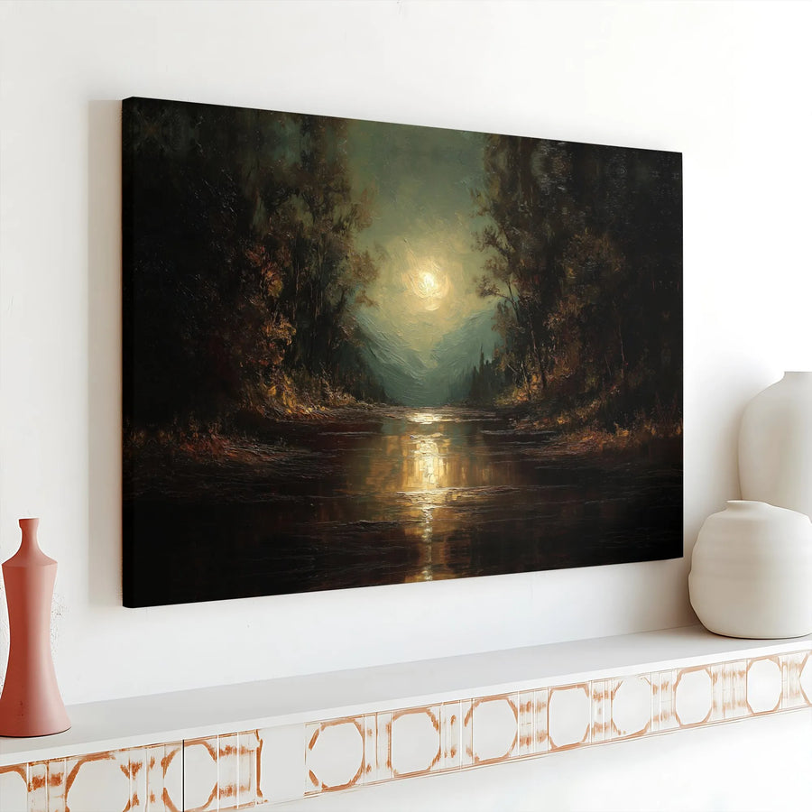 Moonlit Forest River Landscape Horizontal Canvas | Moody Dark Tonalist Oil Painting Style Art | 1.25 Inch Gallery Wrap Premium Wall Decor | Gothic Nature Lover Gift