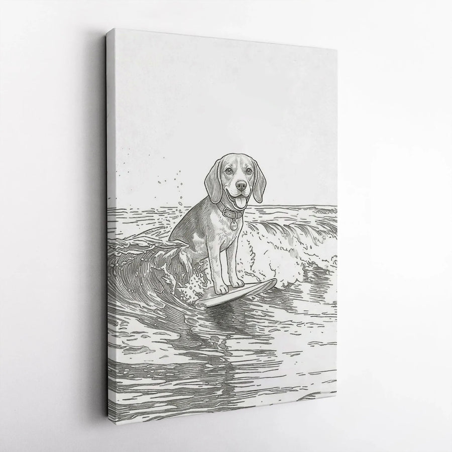 Surfing Beagle Canvas Wall Art | Minimalist Surfer Dog Line Art | Premium Frameless Print | Gift for Dog Lover, Coastal Home Decor