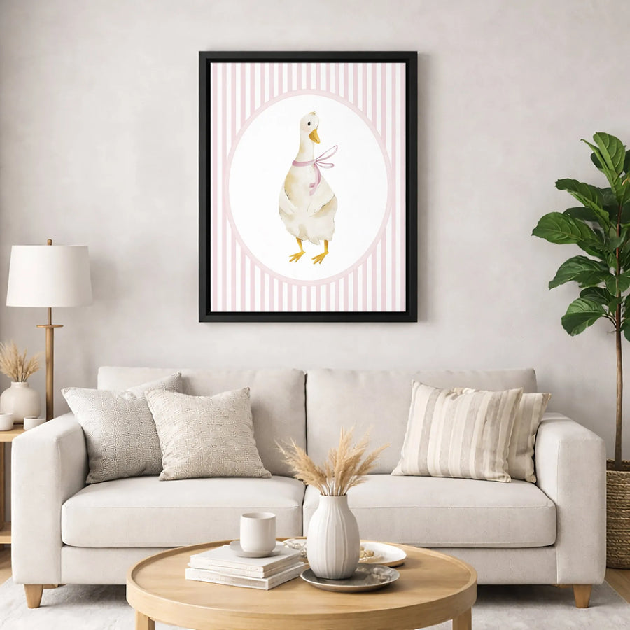 Watercolor Goose Canvas Art | Cute Animal Wall Decor with Pink Ribbon | Premium Gallery Wrap Print | Nursery or Farmhouse Wall Decor Gift