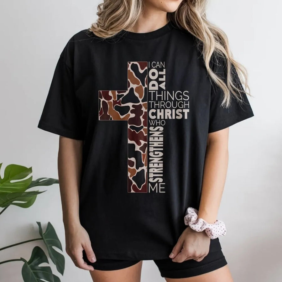 Philippians 4:13 T-Shirt | Camo Cross Graphic Sweatshirt | Premium Cotton-Poly Blend | Religious Faith Gift for Men and Women