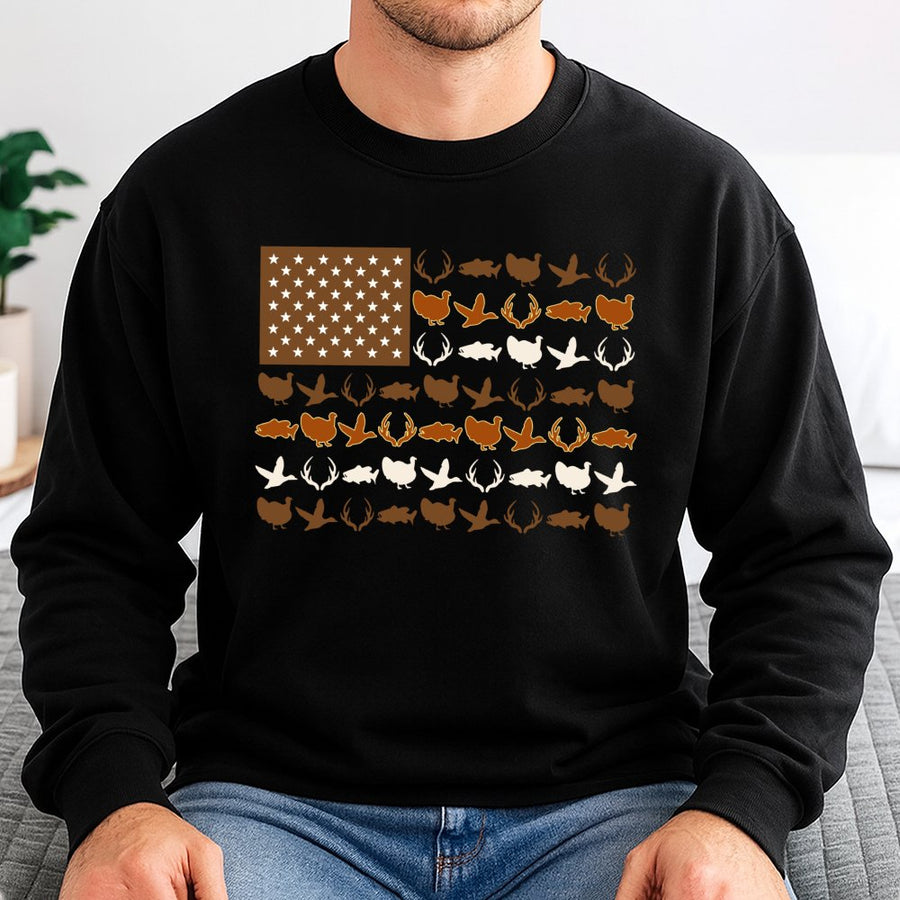 American Flag Wildlife Sweatshirt | Deer Duck Fish Hunting Graphic | Unisex Patriotic Outdoorsman Pullover | Gift for Hunter