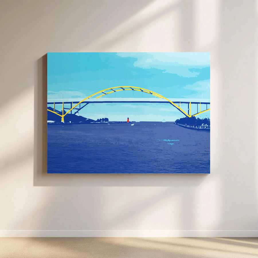 Milwaukee Hoan Bridge Horizontal Canvas Wall Art | Retro Yellow Arch Graphic Art Print | Premium 1.25” Gallery Wrap | Wisconsin Travel Decor Gift