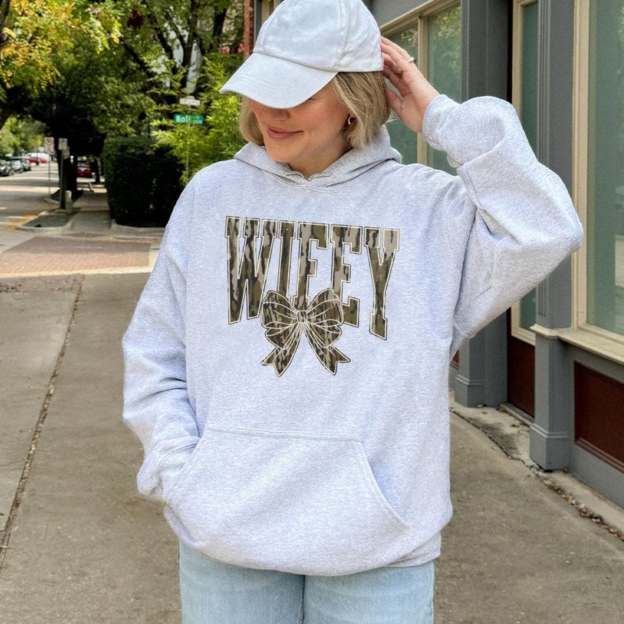 Wifey Camo Bow Hoodie | Trendy Camouflage Graphic Print | Premium Cotton Blend | Gift For Brides, Newlyweds & Anniversary