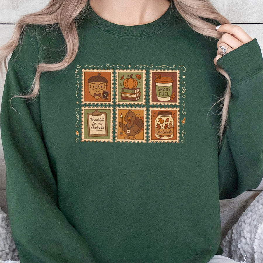 Thankful Teacher Sweatshirt | Thanksgiving Stamp Design Graphic | Premium Cotton Blend Cozy Crewneck | Fall Educator Appreciation Gift