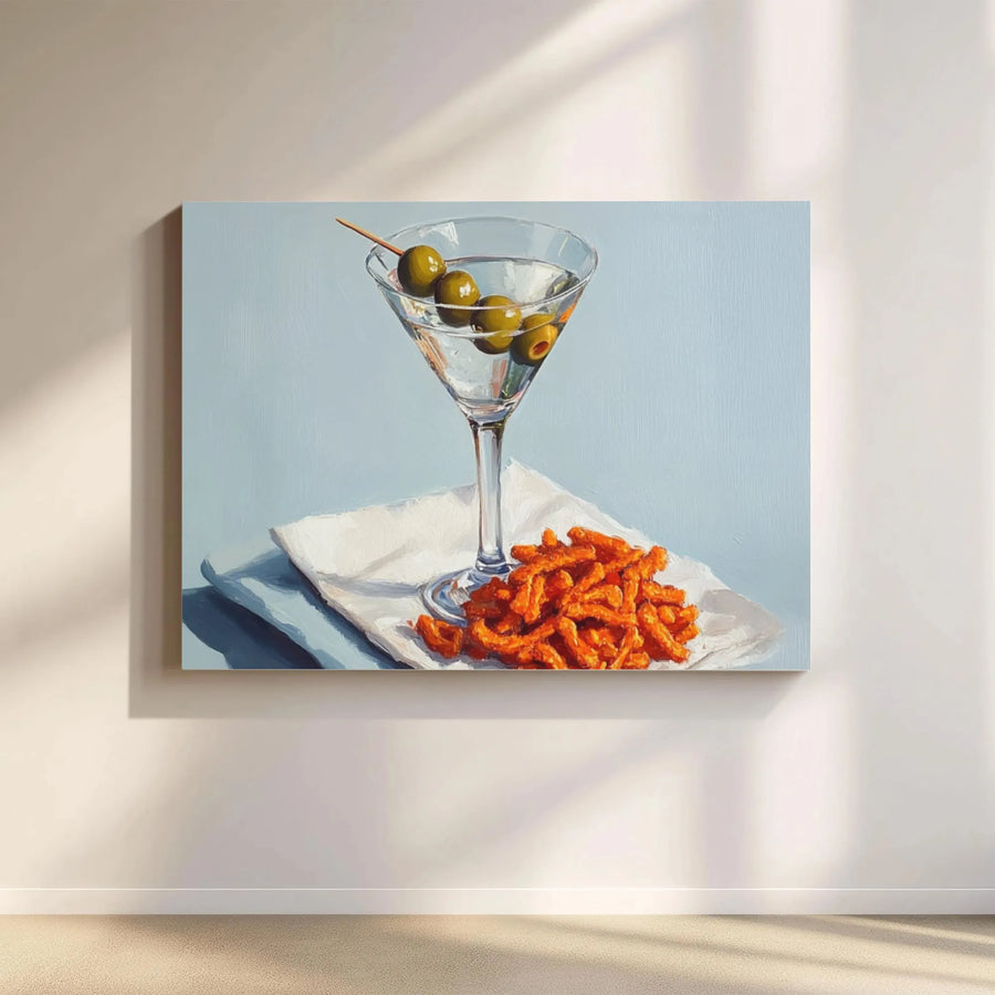 Martini and Snacks Still Life Canvas Art | Contemporary Cocktail Bar Wall Decor | Premium Stretched Gallery Wrap | Unique Gift for Foodie or Mixologist