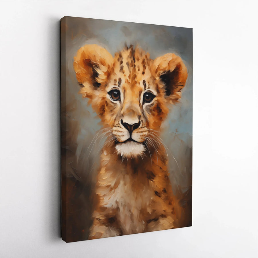 Lion Cub Vertical Canvas | Wildlife Oil Painting Style Art | Premium Thick Gallery Canvas | Nursery Decor Gift for Animal Lover