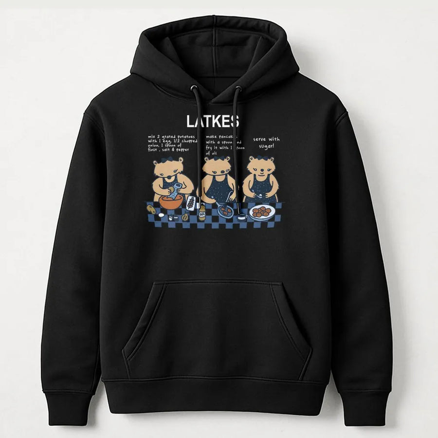 Latkes Hanukkah Hoodie | Cute Bear Potato Pancake Recipe Graphic | Premium Cotton Blend | Funny Jewish Holiday Gift for Men and Women