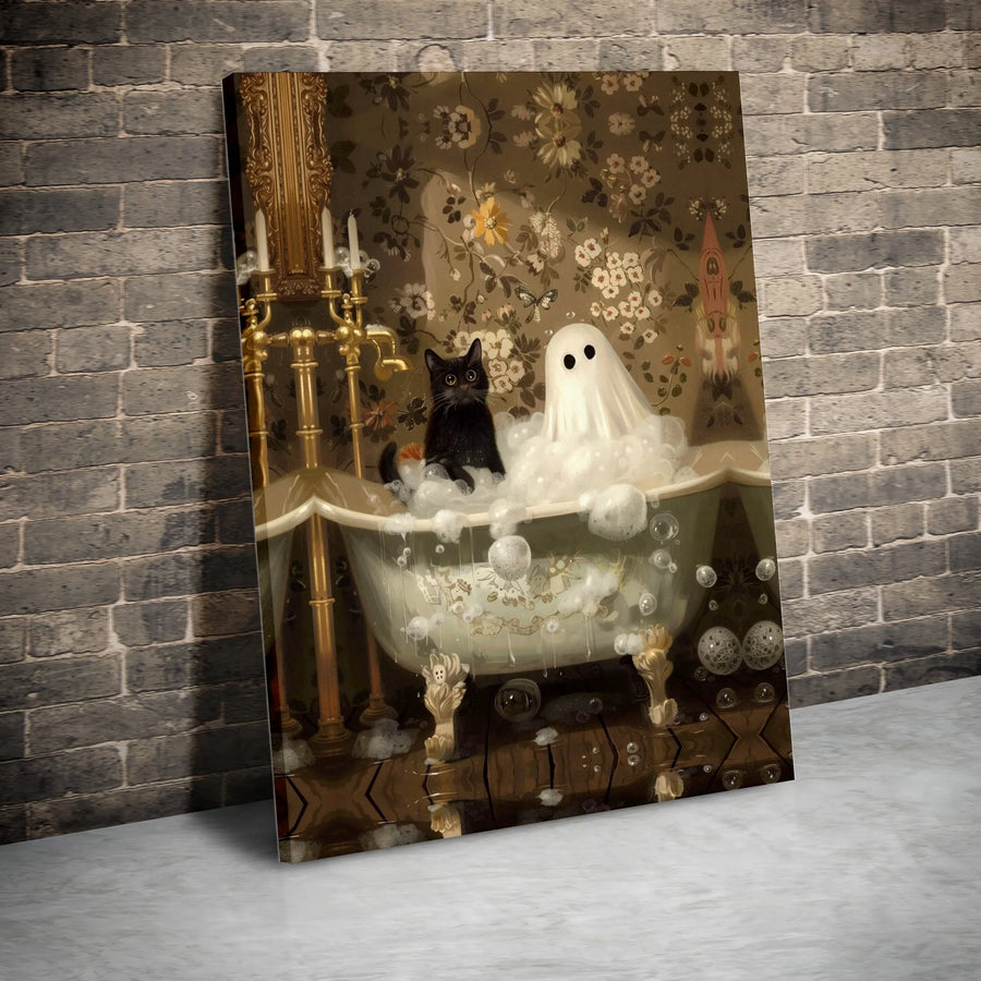 Ghost and Black Cat Wall Art | Whimsical Bubble Bath Vintage Bathroom Decor | Premium Gallery Wrap Canvas | Spooky Cute Halloween Home Gift