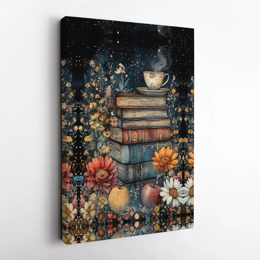 Books And Tea Canvas Print | Moody Botanical Library Wall Art | Premium Gallery Wrap Decor | Gift For Readers And Book Lovers