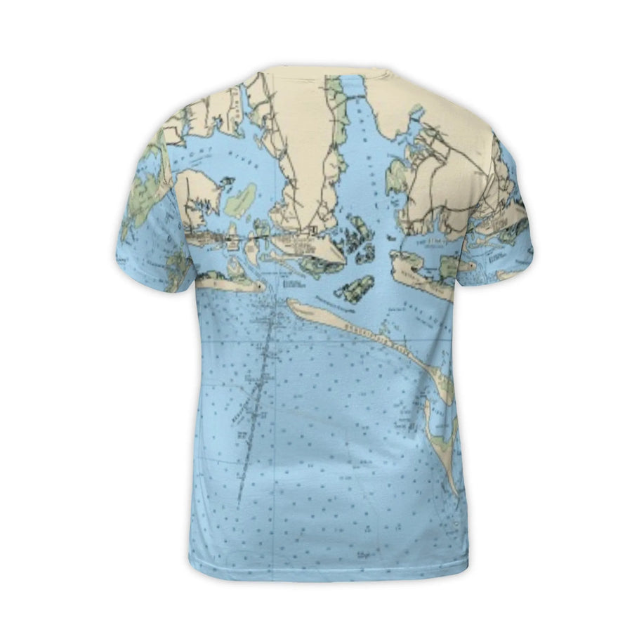 Cape Cod Nautical Map T-Shirt | All-Over Print Vintage Chart Design | Premium Stretchy Jersey | Gift for Sailors and Coastal Living Enthusiasts