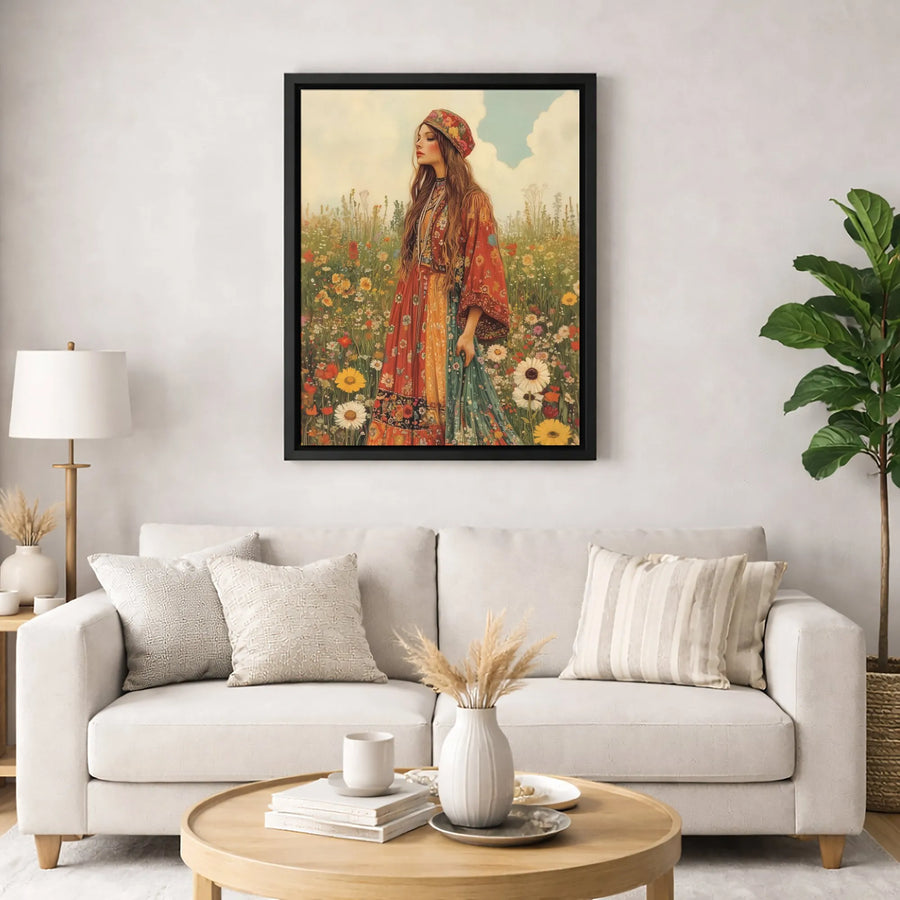 Bohemian Woman Wall Art | Wildflower Meadow Portrait Print | Premium 1.25-Inch Gallery Canvas | Boho Home Decor Gift