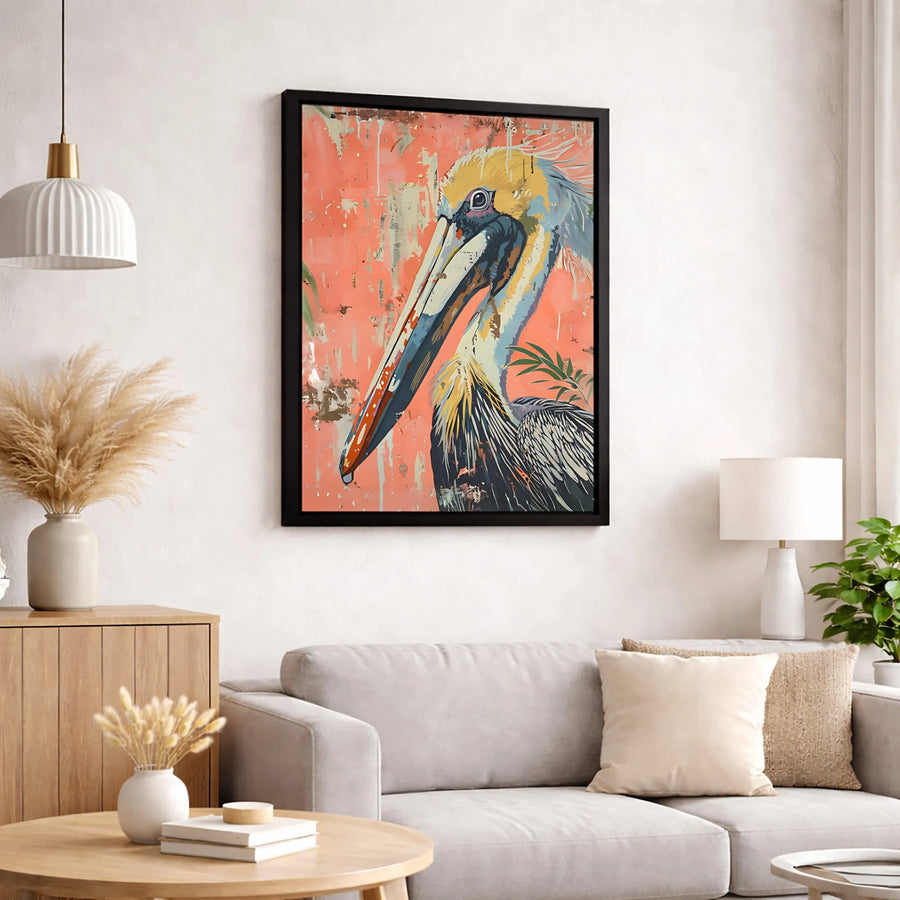 Pelican Wall Art Canvas | Abstract Coastal Bird Street Art Print | 1.25 Inch Gallery Wrap | Modern Home Office Decor Gift