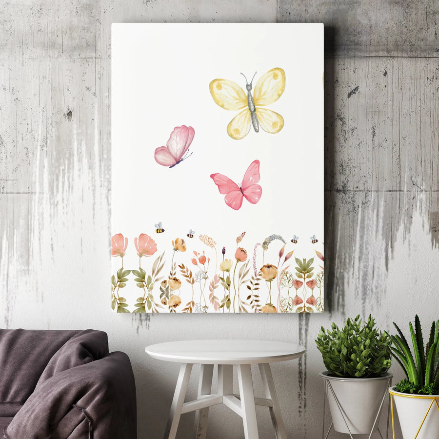 Watercolor Butterfly Canvas Wall Art | Minimalist Wildflower & Bee Illustration | Premium Gallery Wrapped Canvas | Nursery & Girls Room Decor