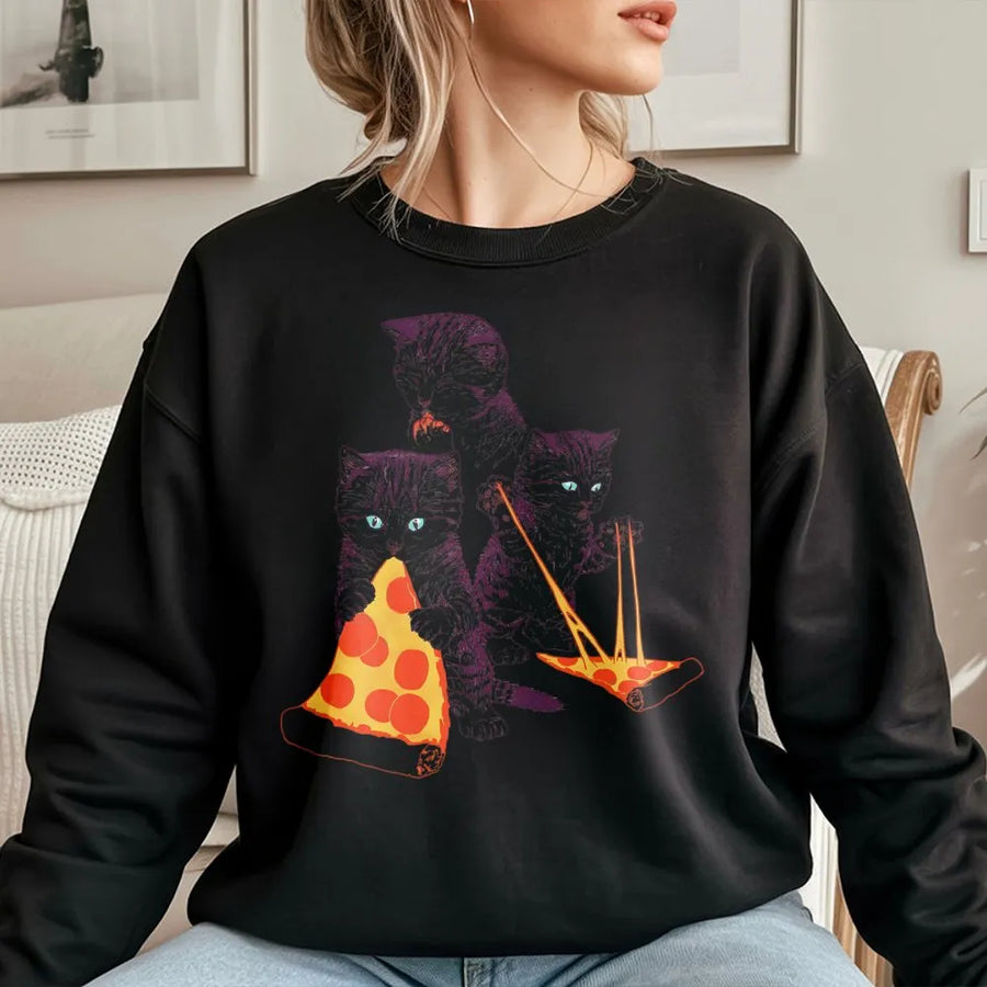 Pizza Cat Sweatshirt | Funny Kitten Eating Pizza Graphic | Premium Cotton Blend Crewneck | Cute Animal Lover Gift For Men And Women