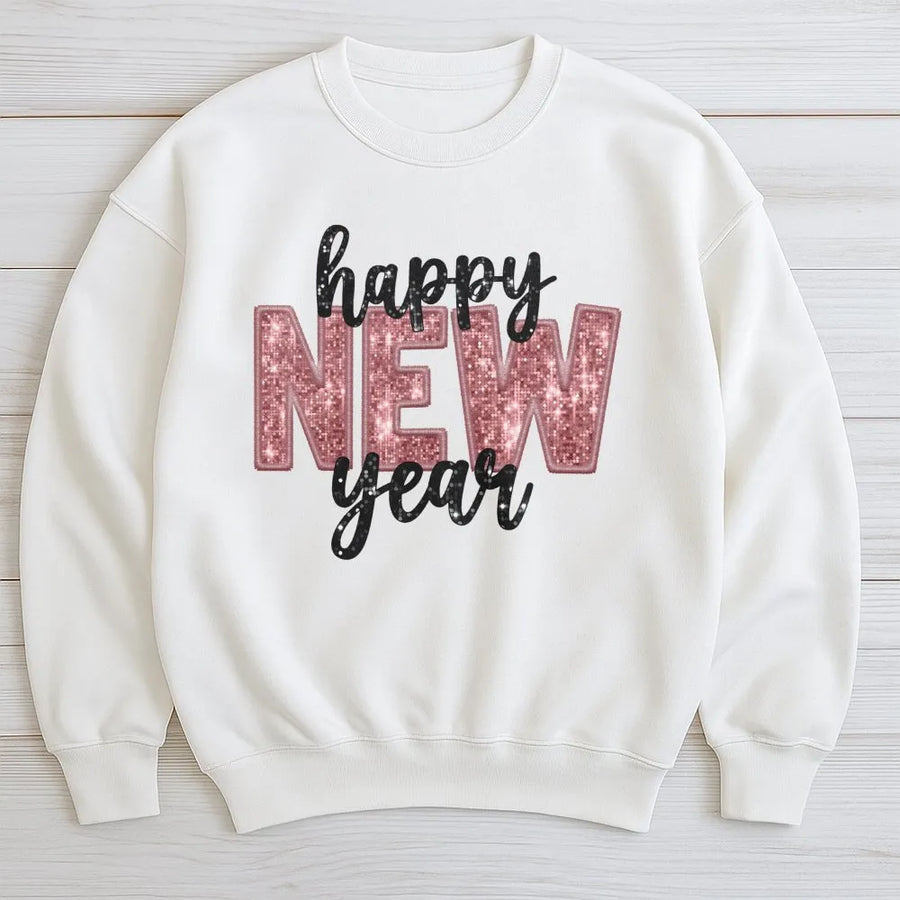 Happy New Year Sweatshirt | Rose Gold Faux Glitter Design | Premium Cotton-Poly Blend | Festive NYE Party Outfit Gift for Women