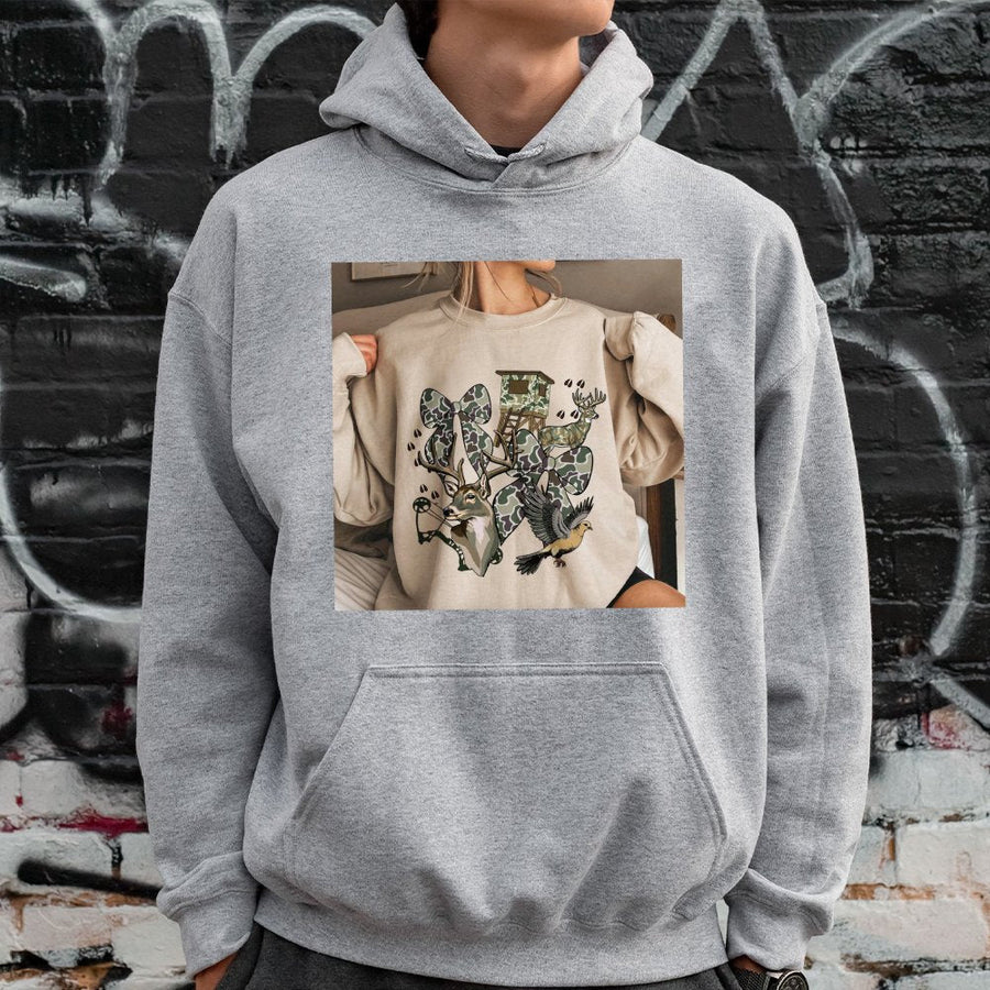 Hunting Season Hoodie | Coquette Camo Bow Deer Graphic | Premium Cotton Blend | Gift For Hunter Women and Girls