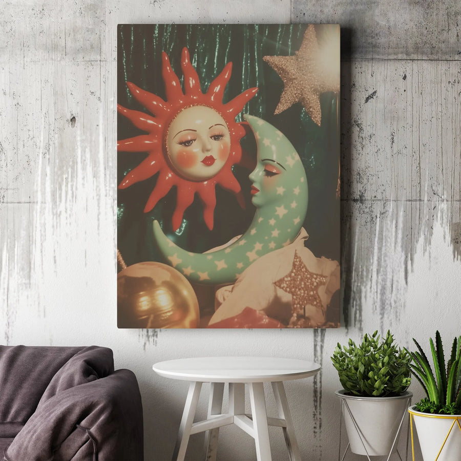 Sun And Moon Wall Art | Celestial Anthropomorphic Canvas | 1.25 Inch Gallery Wrap | Bohemian Home Decor Gift For Astrology Lovers