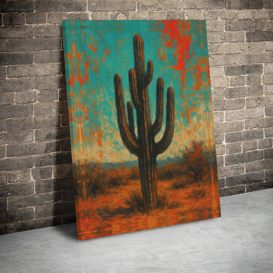 Saguaro Cactus Wall Art | Southwestern Teal and Orange Canvas Print | 1.25 Inch Gallery Wrap | Desert Landscape Gift for Home Decor